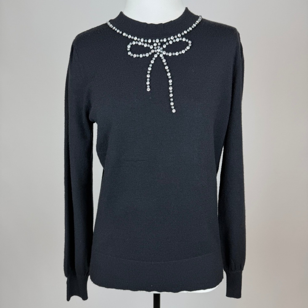 NWD Liz Claiborne Black Faux Pearl Rhinestone Bow Knit Sweater Womens Size Small